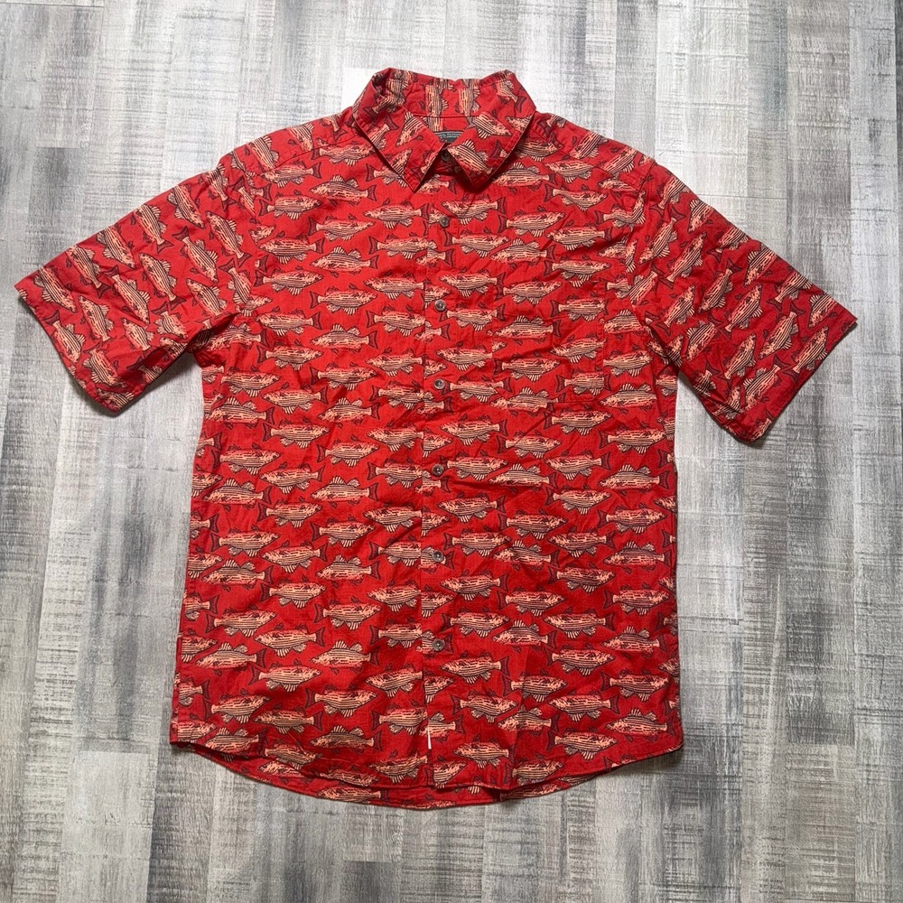 Vintage Woolrich Hawaiian Shirt Mens M Red AOP Fish Resort Cruise Wear Casual